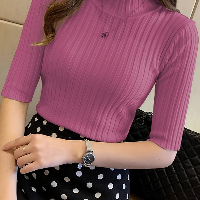 Dam Ribbad Mock-Neck Topp med Halvlånga Ärmar