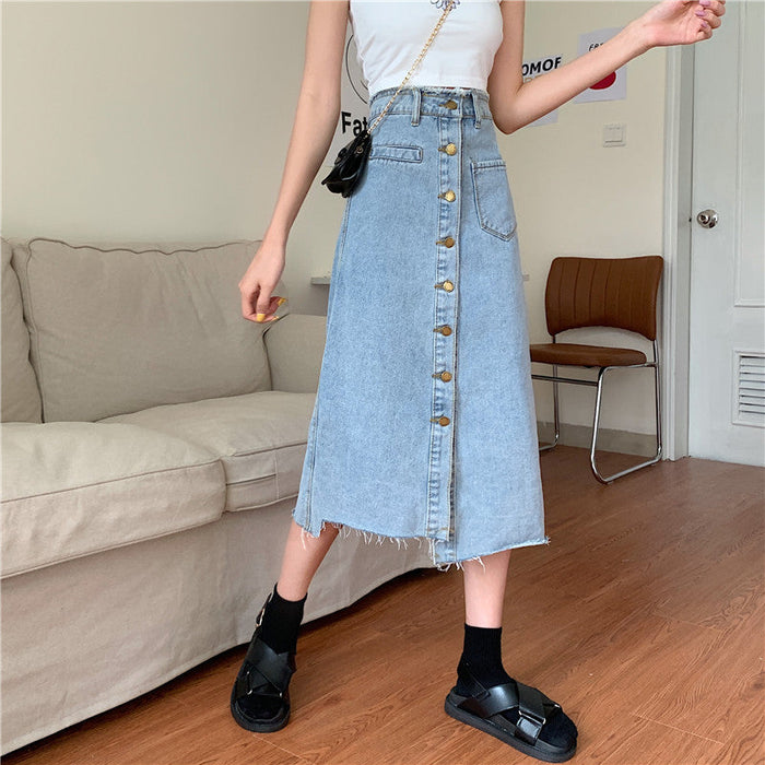Dam Denimkjol Midi med Knappar och Slitna Kanter