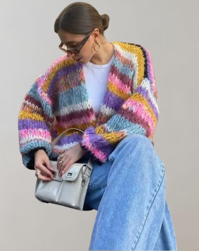 Dam Randig Cardigan med Öppen Front och Oversize Passform