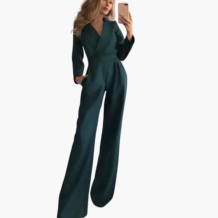 Kvinnors Jumpsuit med V-ringning och Bred Ben