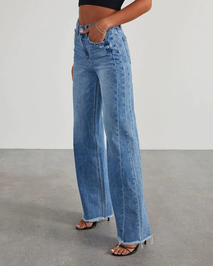 Dam Vida Jeans med Hög Midja och Fransat Nederkant