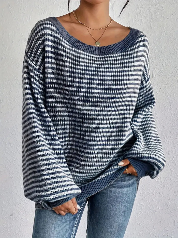 Dam Off-Shoulder Stickad Tröja med Randig Mönster