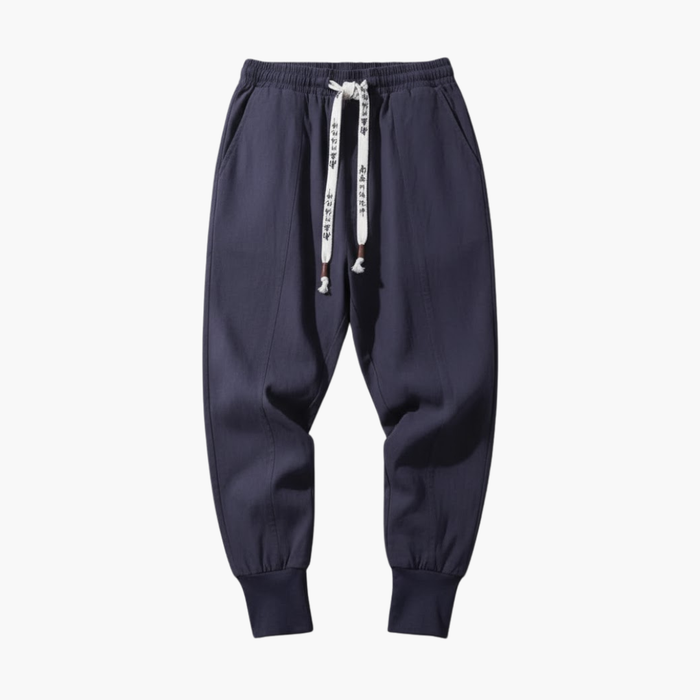 Herrbyxor i japansk stil med lågt gr crotch och justerbar midja