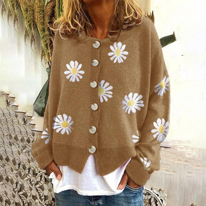 Dam Stickad Kofta med Prästkrageblommor och Knappstängning