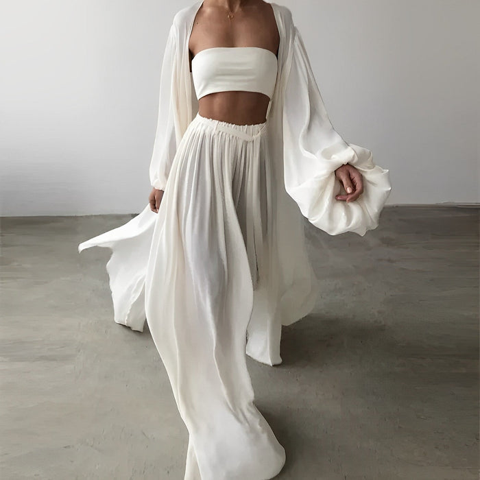 Dam 3-delars Set med Bandeau-Topp Palazzo-Byxor och Kimono