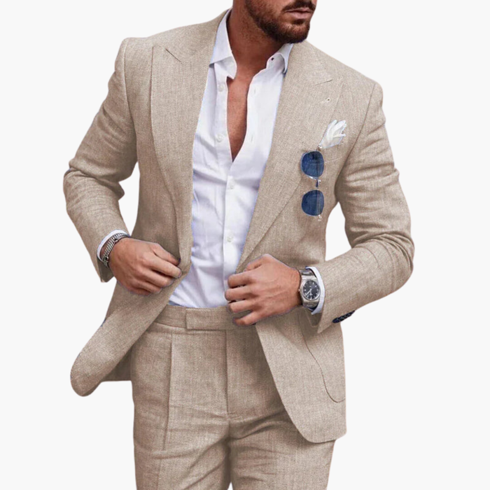 Herrens tvådelade kostym med notch-lapel och platta byxor