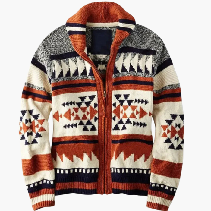 Herr Zip Cardigan med Jacquardmönster och Ståkrage