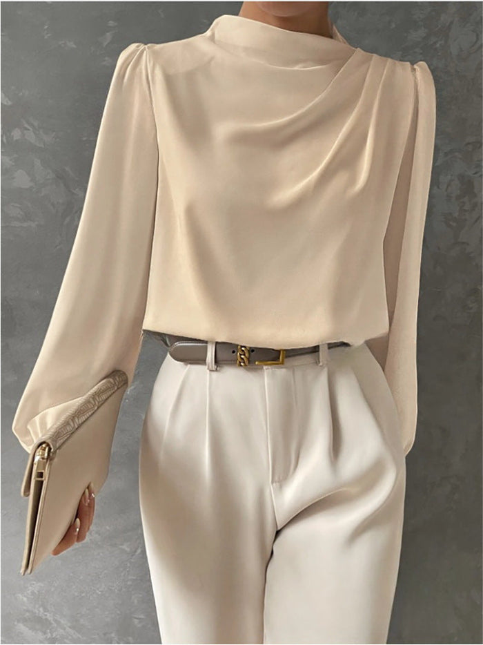 Dam Draperad Blus med Långa Ärmar och Elegant Halsringning