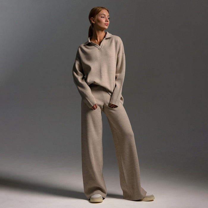 Dam Loungewearset med Polokrage och Vida Byxor