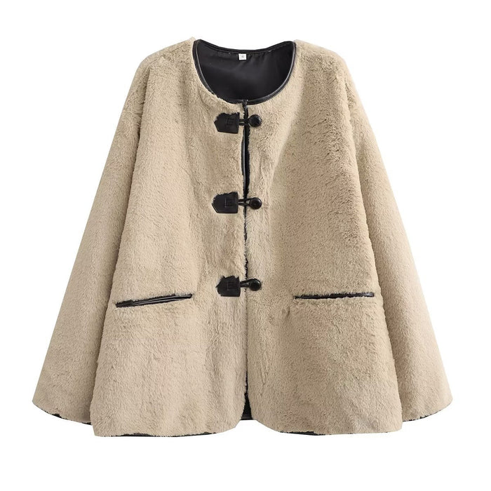 Dam Oversized Teddyjacka med Knappar och Rund Hals