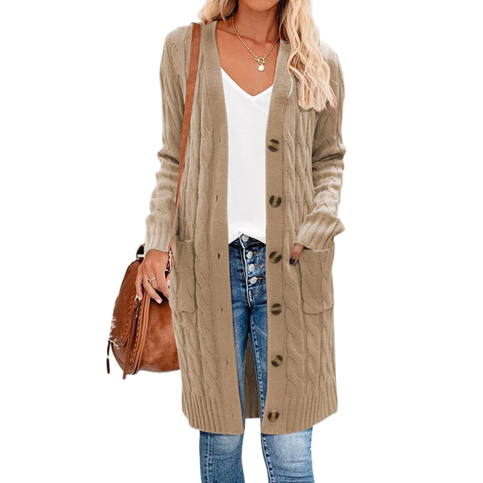 Dam Lång Stickad Cardigan med Fickor och Knappar