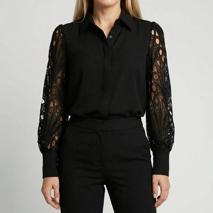 Dam Blus med Spetsärmar och Knappar Fram för Kontor och Fest