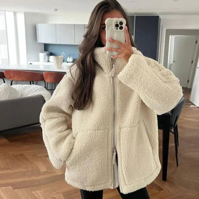 Dam Teddy Fleece Jacka med Dragkedja och Oversized Passform