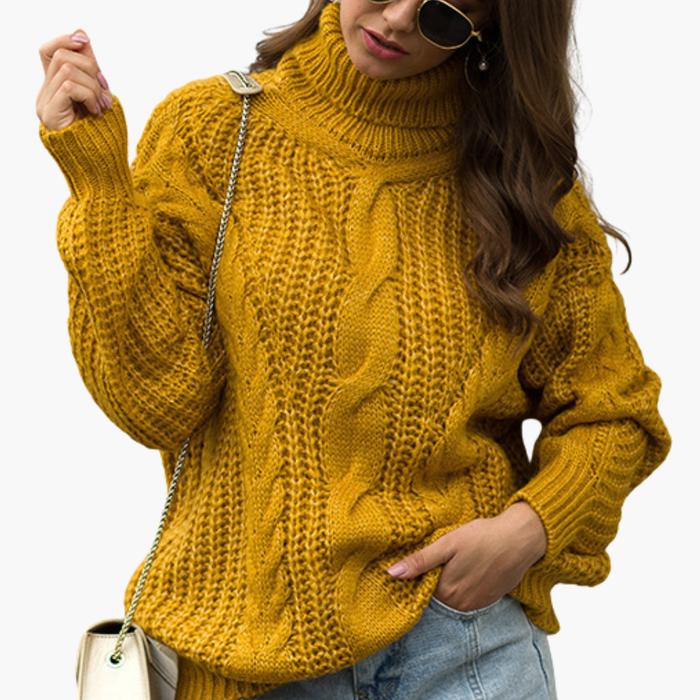 Kvinnors Kabelstickad Turtleneck Tröja med Långa Ärmar