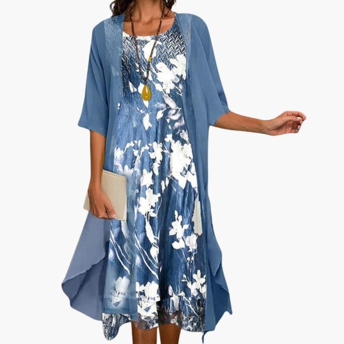 Kvinnors Blommig Lång Klänning med Cardigan Set