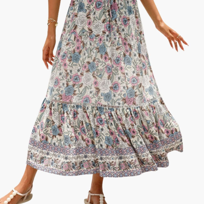 Kvinnors Blommiga Midi Kjol med Elastisk Midja