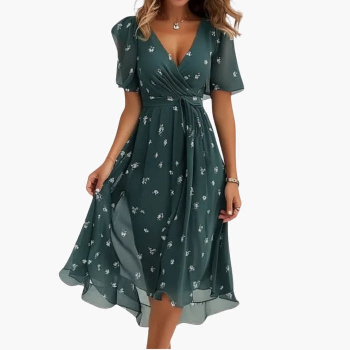Kvinnors Blommig V-ringad Midiklänning med Korta Ärmar