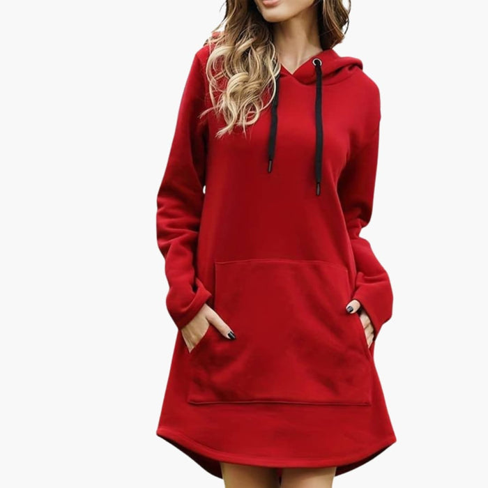 Kvinnors Hoodie Klänning med Dragsko Huva och Känguruficka