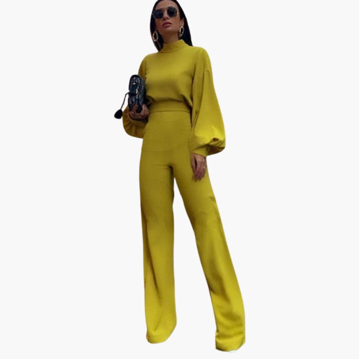 Kvinnors långärmad jumpsuit med design av halv krage