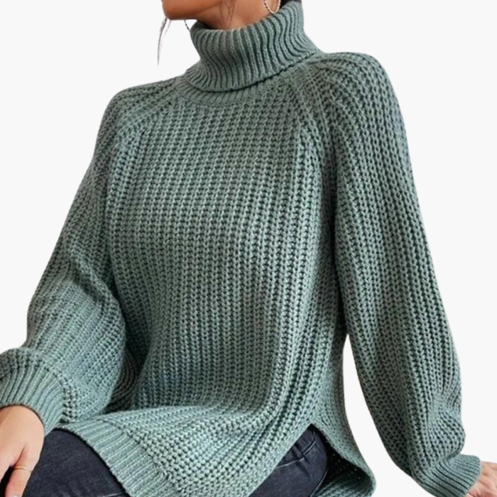 Kvinnors Löst Passande Turtleneck Tröja med Långa Ärmar och Ribbad Stickning