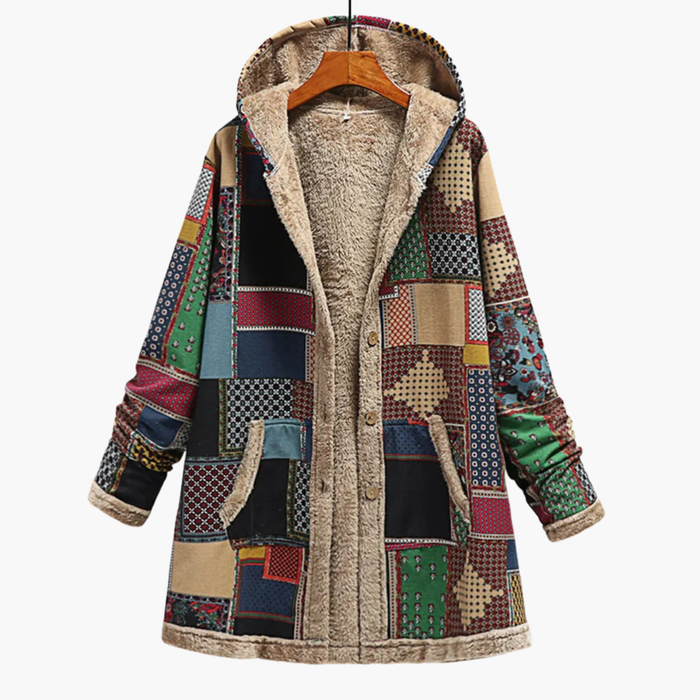 Kvinnors Patchwork Överrock med Mjuk Foder och Huva