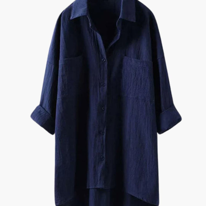 Kvinnors avslappnad passform crew neck blus – Långärmad bomullsblandning vävd topp