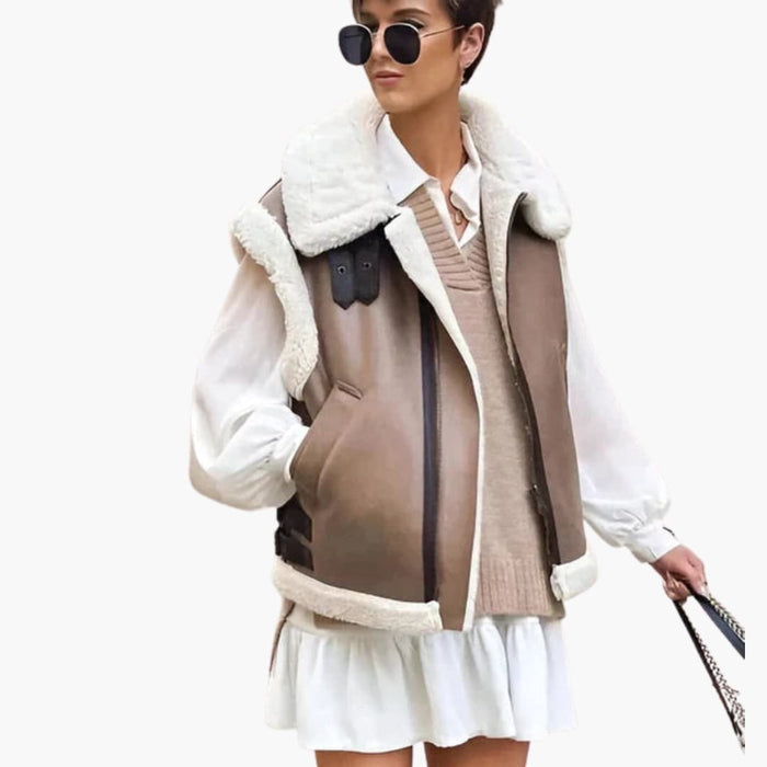 Kvinnors ärmlös väst med faux shearling-foder