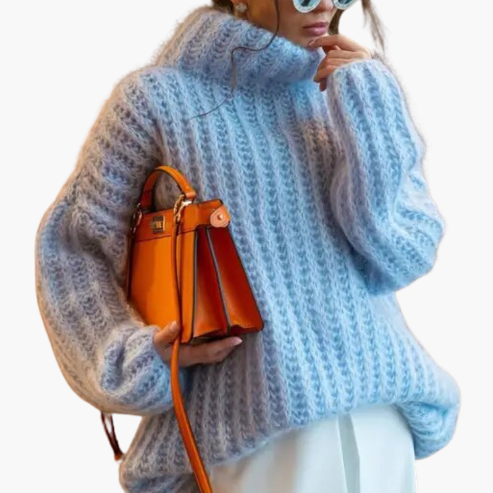 Kvinnors Turtleneck Tröja med Ribbad Stickning och Vida Ärmar
