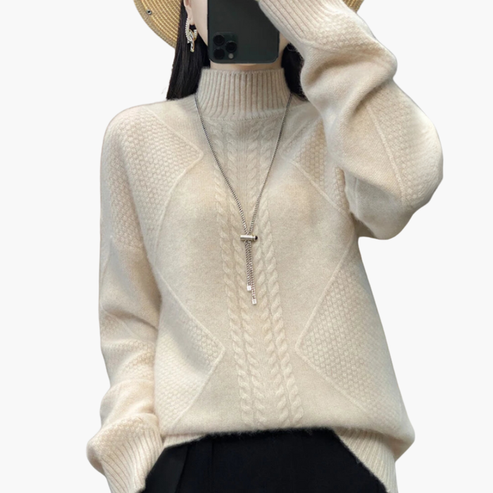 Kvinnors Turtleneck Tröja med Texturerad Stickning och Långa Ärmar