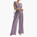 Kvinnors Tvådelade Jumpsuit med V-ringning och Elastisk Midja