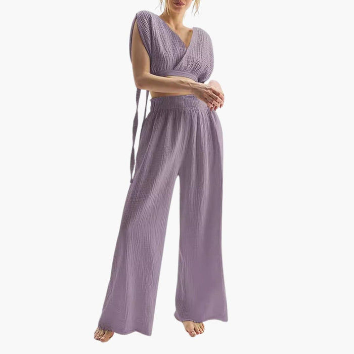 Kvinnors Tvådelade Jumpsuit med V-ringning och Elastisk Midja
