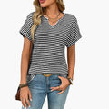 Kvinnors V-ringad Randig Kortärmad Stretch T-shirt