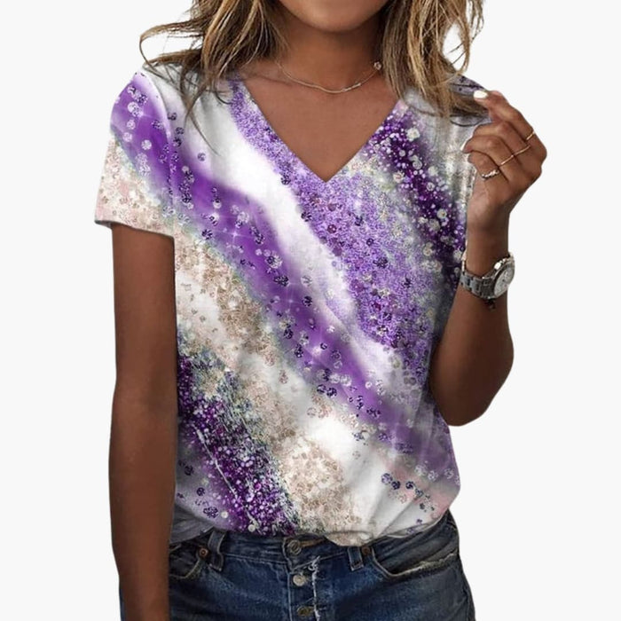 Kvinnors V-ringad T-shirt med gradienttryck