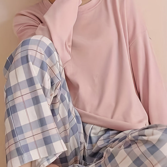 Dam Pyjamas Set med Rutigt Mönster Långärmad Topp