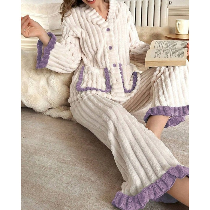 Dam Mjuk Pyjamas med Volangdetaljer och Knäppning