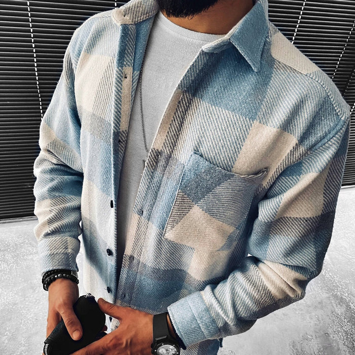 Herr Rutig Overshirt med Knappstängning och Bröstficka