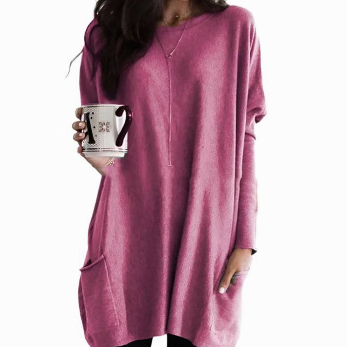 Dam Oversized Långtröja med Rund Hals och Fickor