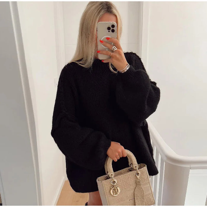 Dam Oversized Stickad Tröja med Ballongärmar