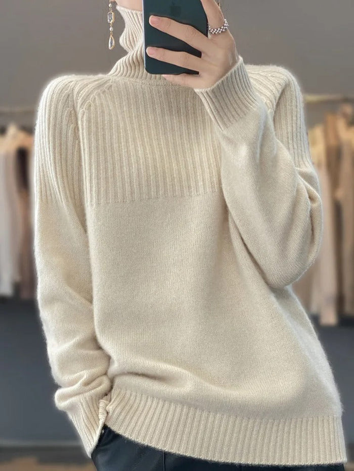 Dam Ribbad Turtleneck-tröja med Avslappnad Passform